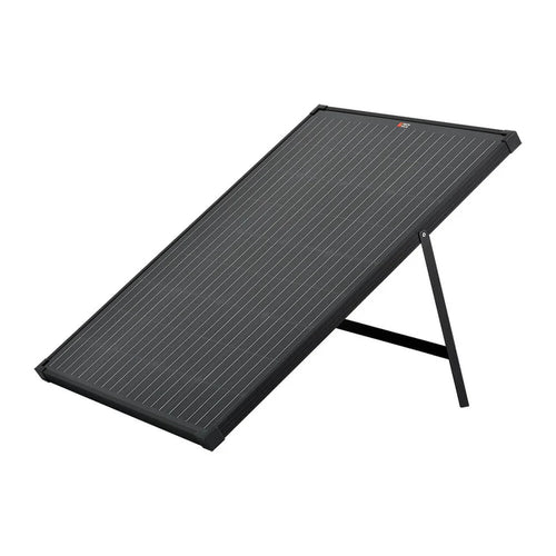 The Rich Solar 100 Watt Portable Solar Panel, shown angled on a metal stand against a white background, is ideal for off-grid adventures or enhancing your camper’s solar setup.