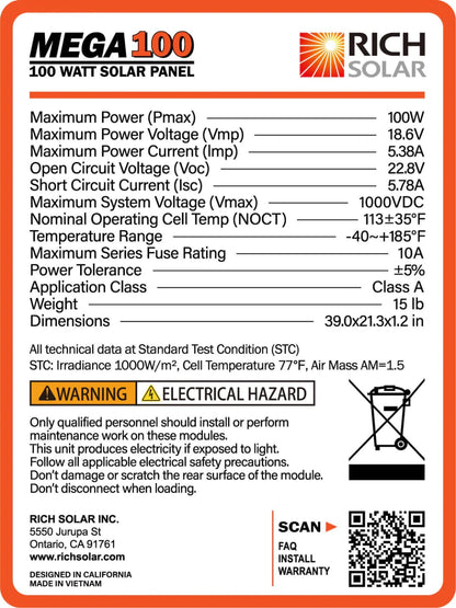 RICH SOLAR MEGA 100W 12V Monocrystalline Rigid Solar Panel