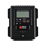 A black Rich Solar charge controller with digital display and labeled buttons, ideal for RV solar setups; features SOLAR CHARGE CONTROLLER, Rich Solar, 20AMP 12VOLT text, plus battery and settings icons.