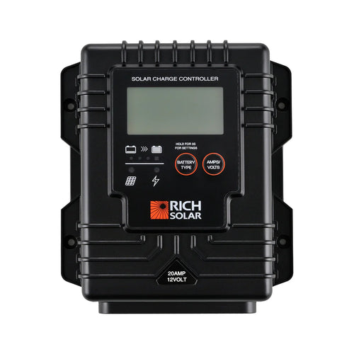 A black Rich Solar charge controller with digital display and labeled buttons, ideal for RV solar setups; features SOLAR CHARGE CONTROLLER, Rich Solar, 20AMP 12VOLT text, plus battery and settings icons.