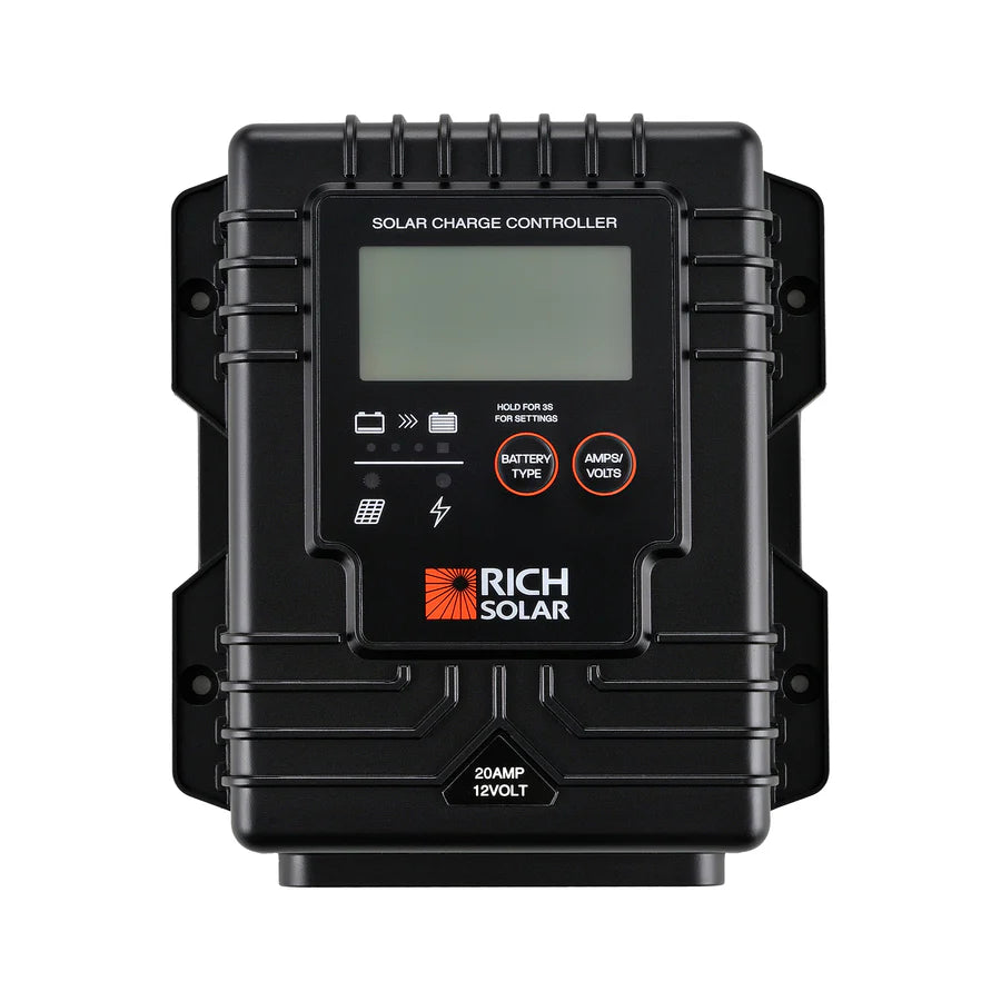 A black Rich Solar charge controller with digital display and labeled buttons, ideal for RV solar setups; features SOLAR CHARGE CONTROLLER, Rich Solar, 20AMP 12VOLT text, plus battery and settings icons.