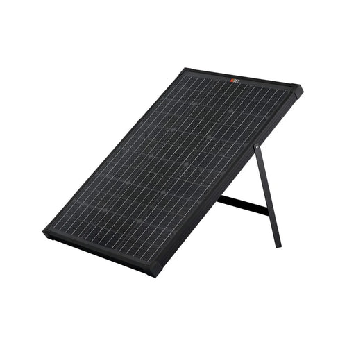 A Rich Solar black 60 Watt portable solar panel, made of monocrystalline silicon, is propped at an angle on a foldable stand against a plain white background.
