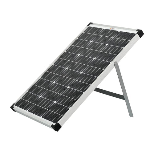 A rectangular 60-watt Rich Solar panel with a silver frame is angled on a metal stand against a white background, making it ideal for portable and off-grid solar power solutions.