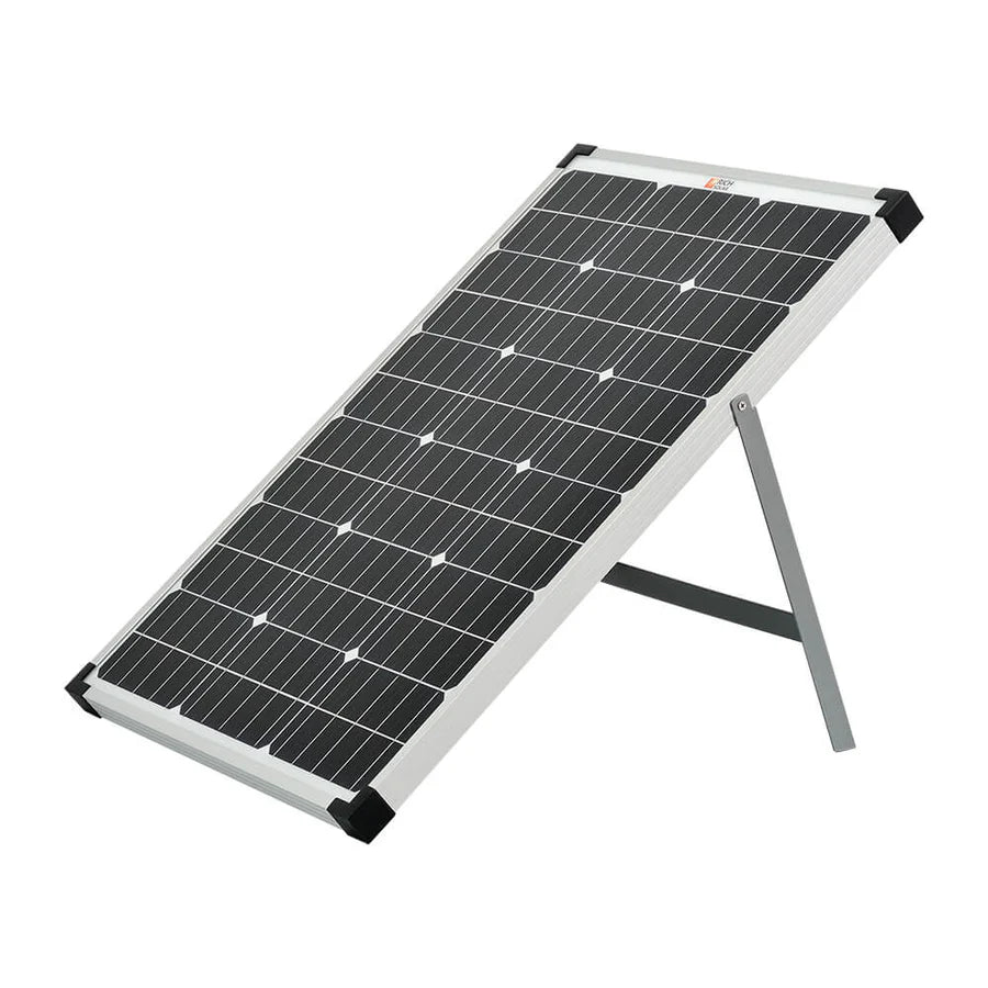 A rectangular 60-watt Rich Solar panel with a silver frame is angled on a metal stand against a white background, making it ideal for portable and off-grid solar power solutions.