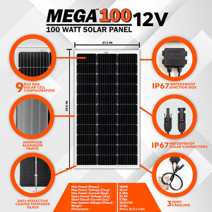 RICH SOLAR MEGA 100W 12V Monocrystalline Rigid Solar Panel