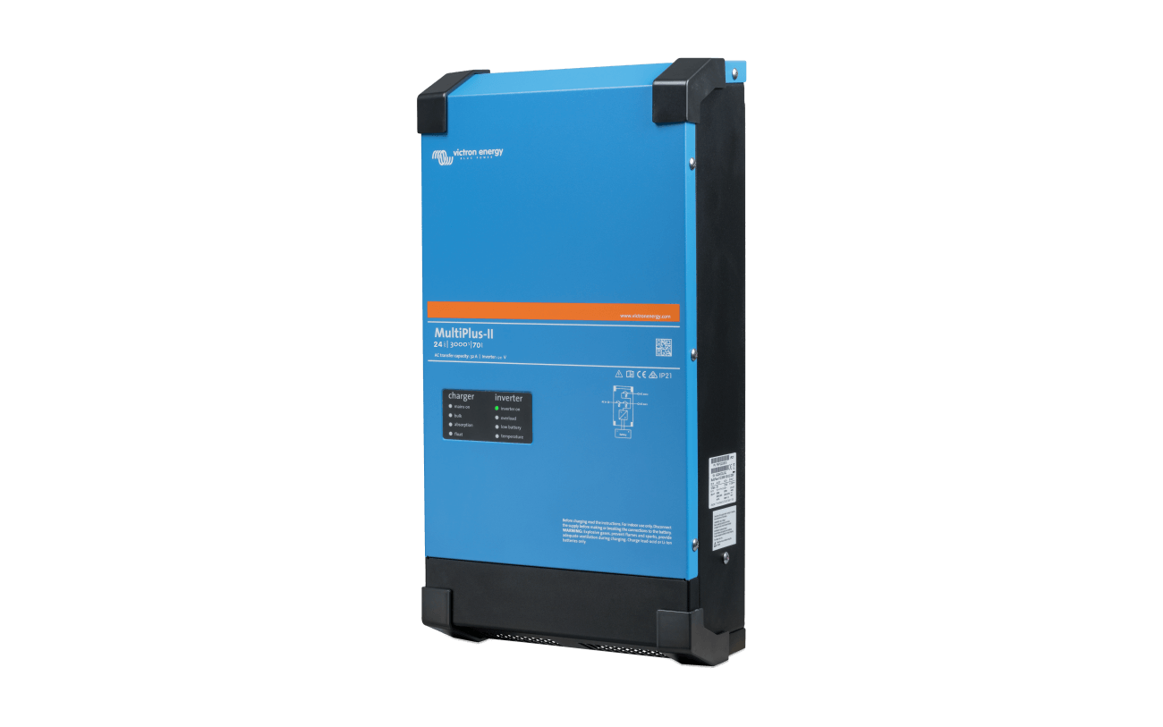 A blue and black BigBattery power inverter and charger unit mounted on a wall, featuring a labeled indicator panel, ventilation at the bottom, smooth border radius edges, and a clean font family style for all labels.