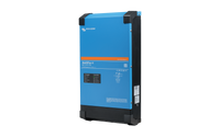 A blue and black BigBattery power inverter and charger unit mounted on a wall, featuring a labeled indicator panel, ventilation at the bottom, smooth border radius edges, and a clean font family style for all labels.