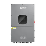 A gray Rich Solar NOVA 12K premium split-phase hybrid inverter with integrated Wi-Fi, a small display window, labeled buttons, warning labels, and multiple bottom connectors.