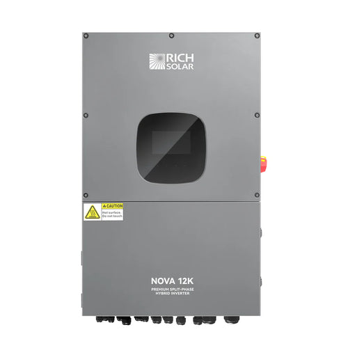 A gray Rich Solar NOVA 12K premium split-phase hybrid inverter with integrated Wi-Fi, a small display window, labeled buttons, warning labels, and multiple bottom connectors.