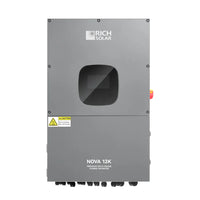 A gray Rich Solar NOVA 12K premium split-phase hybrid inverter with integrated Wi-Fi, a small display window, labeled buttons, warning labels, and multiple bottom connectors.