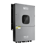 A gray Rich Solar NOVA 12K hybrid inverter is wall-mounted, featuring a central digital display, multiple bottom ports, caution and brand labels on the front panel, and built-in Wi-Fi for easy monitoring.