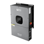 A gray Rich Solar NOVA 12K photovoltaic inverter is wall-mounted, featuring a black display window, control buttons, warning labels, and a side red emergency stop button with built-in safety features.