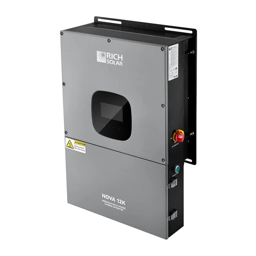 A gray Rich Solar NOVA 12K photovoltaic inverter is wall-mounted, featuring a black display window, control buttons, warning labels, and a side red emergency stop button with built-in safety features.