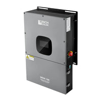 A gray Rich Solar NOVA 12K photovoltaic inverter is wall-mounted, featuring a black display window, control buttons, warning labels, and a side red emergency stop button with built-in safety features.