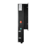 A vertically mounted black Rich Solar electrical control panel features a red rotary PV SWITCH, a green POWER ON button, and an open side door showing internal wiring, all with built-in safety features for reliable operation.