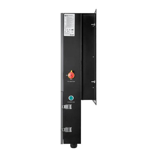 A vertically mounted black Rich Solar electrical control panel features a red rotary PV SWITCH, a green POWER ON button, and an open side door showing internal wiring, all with built-in safety features for reliable operation.