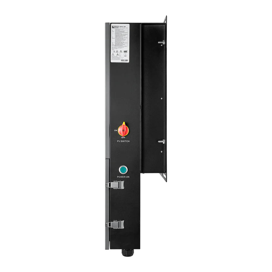 A vertically mounted black Rich Solar electrical control panel features a red rotary PV SWITCH, a green POWER ON button, and an open side door showing internal wiring, all with built-in safety features for reliable operation.