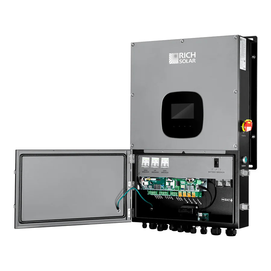 A gray Rich Solar inverter with an open front panel displays internal components, a small screen, multiple bottom input/output ports, and built-in safety features for dependable performance.