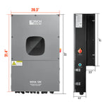 Front and side views of the Rich Solar Nova 12K hybrid inverter, showing labeled dimensions. Key features: built-in safety, integrated Wi-Fi, and a front panel sized 31.4 tall by 20.3 wide for convenience.