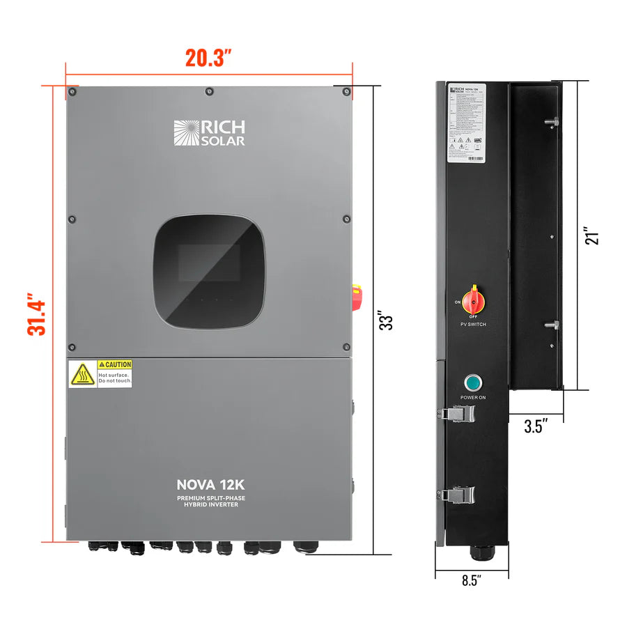 Front and side views of the Rich Solar Nova 12K hybrid inverter, showing labeled dimensions. Key features: built-in safety, integrated Wi-Fi, and a front panel sized 31.4 tall by 20.3 wide for convenience.