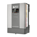 Wall-mounted Rich Solar Nova Supercharger 3K inverter with a digital display and control buttons on the front panel; safety labels are visible on the side of the unit. The sleek design features smooth border-radius edges and subtle box-shadow effects, enhancing its modern appearance.