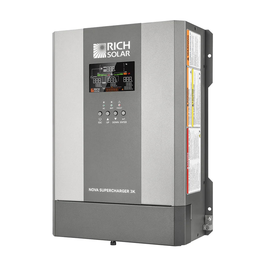 Wall-mounted Rich Solar Nova Supercharger 3K inverter with a digital display and control buttons on the front panel; safety labels are visible on the side of the unit. The sleek design features smooth border-radius edges and subtle box-shadow effects, enhancing its modern appearance.