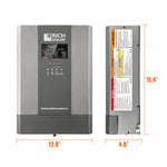 Front and side views of a gray Rich Solar Nova Supercharger 3K inverter, featuring clean lines that would complement any setting with a modern font-family style. Measurements show 15.4 inches tall, 12 inches wide, and 4.8 inches deep. Various buttons, screen displays, and warning labels are visible—each accentuated as if designed with subtle box-shadow or border-radius effects for a contemporary finish.
