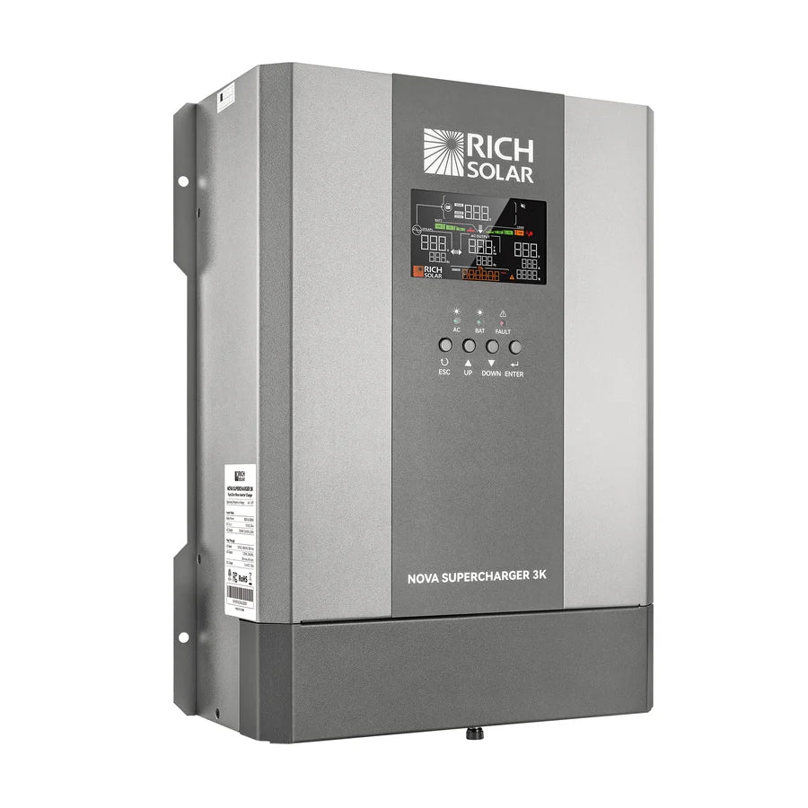 Rich Solar NOVA Supercharger 3K inverter mounted on a wall, showing its control panel, buttons, and display screen on the front. The unit is grey with a logo and product label, featuring smooth border-radius edges and a subtle box-shadow effect that enhances its modern aesthetic.