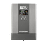 Rectangular gray Rich Solar Nova Supercharger 3K inverter with control buttons, display screen, and logo featuring a modern font-family on the front panel, used for solar energy systems. The design is enhanced with subtle box-shadow effects, giving it a sleek and contemporary appearance.