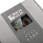Close-up of a gray RICH SOLAR device showing its digital display screen with various data and icons, enhanced by sleek design features such as subtle box-shadow and smooth border-radius around the edges. Five labeled buttons—ESC, UP, DOWN, ENTER, and an unlabeled central button—are clearly visible beneath the display.