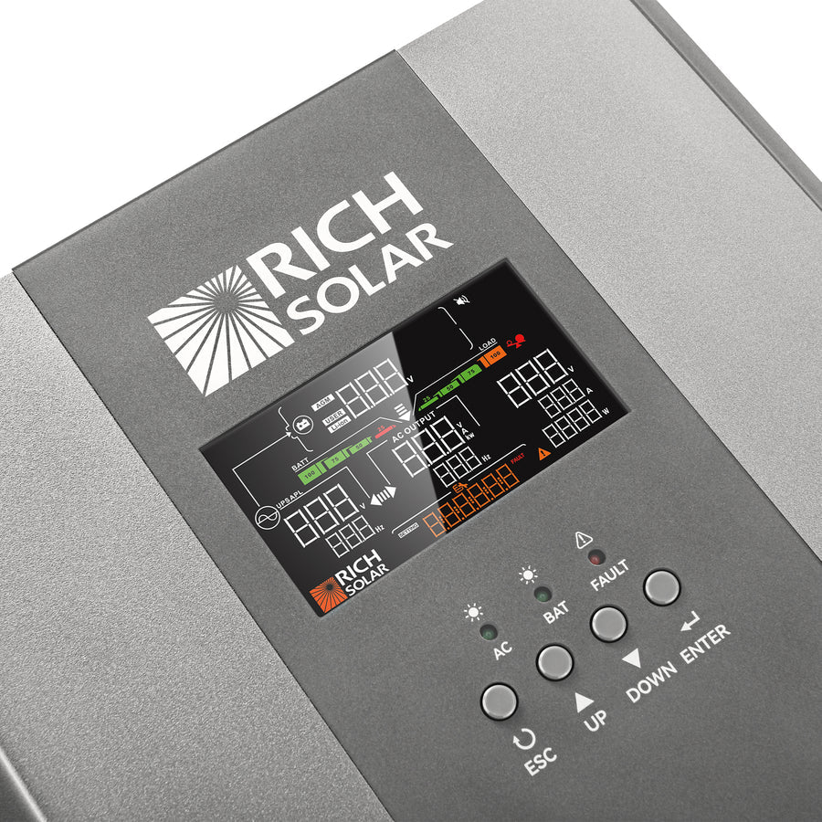 Close-up of a gray RICH SOLAR device showing its digital display screen with various data and icons, enhanced by sleek design features such as subtle box-shadow and smooth border-radius around the edges. Five labeled buttons—ESC, UP, DOWN, ENTER, and an unlabeled central button—are clearly visible beneath the display.