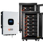 A white Rich Solar inverter is installed beside two vertical battery cabinets, each housing stacked black battery units with labeled panels and orange wires—perfect for an off-grid solar system using renewable energy.