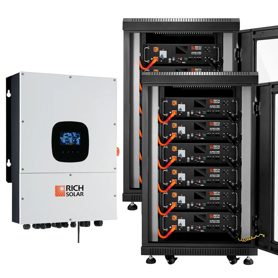 A white Rich Solar inverter is installed beside two vertical battery cabinets, each housing stacked black battery units with labeled panels and orange wires—perfect for an off-grid solar system using renewable energy.