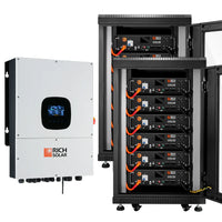 A white Rich Solar inverter is installed beside two vertical battery cabinets, each housing stacked black battery units with labeled panels and orange wires—perfect for an off-grid solar system using renewable energy.