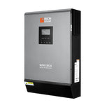 A gray and black Rich Solar NOVA 3K24 off-grid inverter is mounted on a white background. The front display panel shows a screen and control buttons, accentuated by subtle box shadow effects around the edges to add depth. A caution sticker is visible near the bottom.