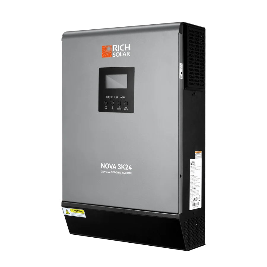 A gray and black Rich Solar NOVA 3K24 off-grid inverter is mounted on a white background. The front display panel shows a screen and control buttons, accentuated by subtle box shadow effects around the edges to add depth. A caution sticker is visible near the bottom.
