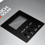 Close-up of a Rich Solar device control panel with a display screen and six labeled buttons: ESC, UP, DOWN, ENTER, and two indicator lights for AC+KW/H and CNIG. The panel’s sleek design is highlighted by its modern box shadow effect and smooth border radius, giving it a stylish appearance that complements any setting.