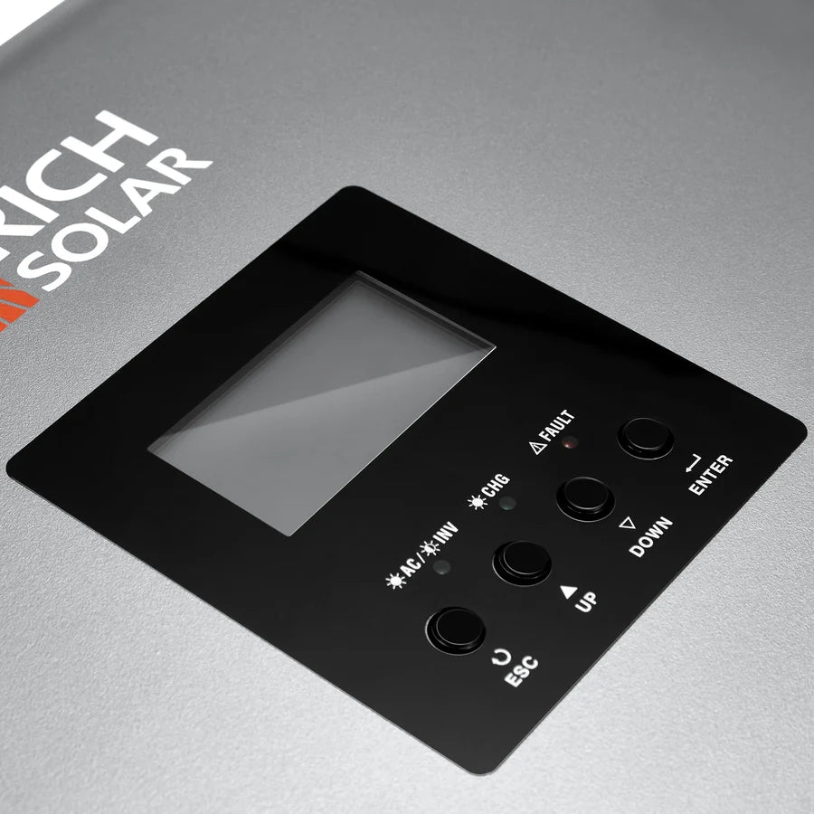Close-up of a Rich Solar device control panel with a display screen and six labeled buttons: ESC, UP, DOWN, ENTER, and two indicator lights for AC+KW/H and CNIG. The panel’s sleek design is highlighted by its modern box shadow effect and smooth border radius, giving it a stylish appearance that complements any setting.