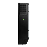 Side view of a black gaming console standing vertically, showing ventilation grilles and a green power button in the middle, designed with sleek edges reminiscent of a modern border radius and subtle box shadow effects for added depth.