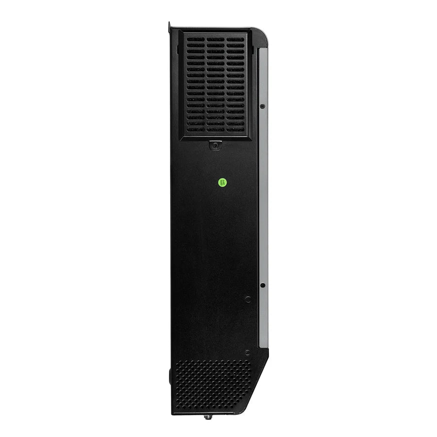 Side view of a black gaming console standing vertically, showing ventilation grilles and a green power button in the middle, designed with sleek edges reminiscent of a modern border radius and subtle box shadow effects for added depth.