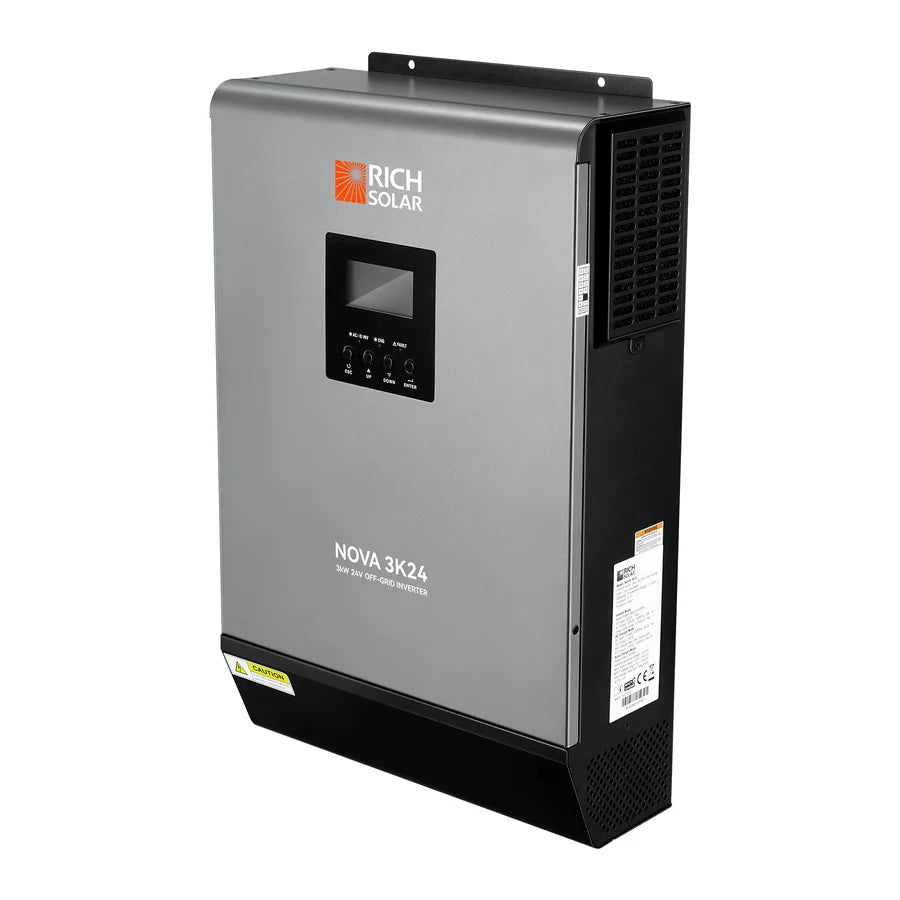A gray and black Rich Solar NOVA 3K24 power inverter with a display screen and control buttons on the front panel, featuring sleek edges reminiscent of a subtle border radius, mounted on a white background.