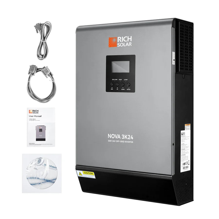 Rich Solar NOVA 3K24 inverter with display and buttons, shown with two cables, a user manual, and a CD, against a white background. The product’s sleek design features smooth border radius edges and subtle box shadow detailing for a modern appearance.