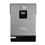 A gray RICH SOLAR Nova 3K24 3kW 24V off-grid inverter with a display screen and control buttons on the front panel, featuring a modern design that could be enhanced with subtle box shadow and rounded border radius for an even sleeker appearance. A yellow caution label is at the bottom left corner.
