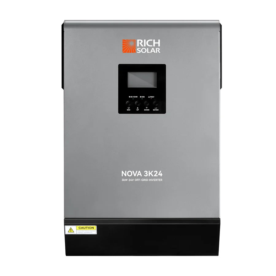 A gray RICH SOLAR Nova 3K24 3kW 24V off-grid inverter with a display screen and control buttons on the front panel, featuring a modern design that could be enhanced with subtle box shadow and rounded border radius for an even sleeker appearance. A yellow caution label is at the bottom left corner.