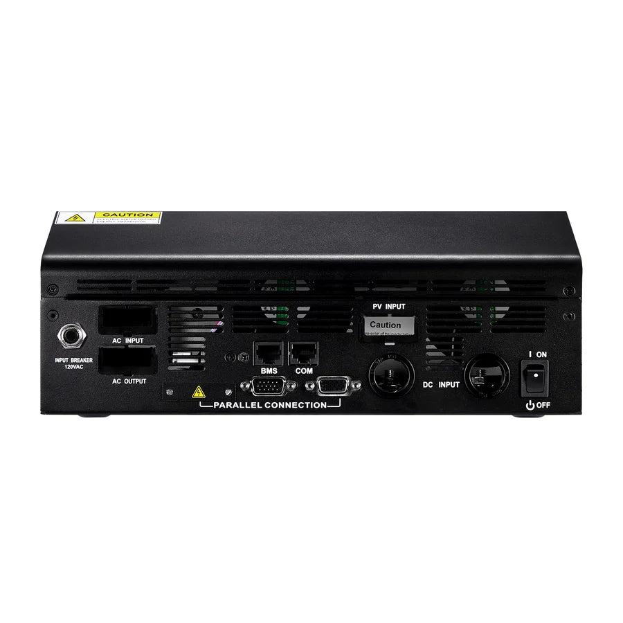Rear view of a black electronic device with various input and output ports, switches, and labeled sections including AC output, DC input, PV input, and power on/off switch. A yellow caution label is on the top left. The edges feature a subtle border radius for a modern aesthetic, while clear labeling ensures easy identification of each port.