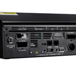 Close-up of the back panel of an electronic device showing AC input/output ports, PV input, communication ports, input breaker, and labels for parallel connection. The neatly arranged labels appear in a clean font family style, ensuring clarity and ease of identification for each port.