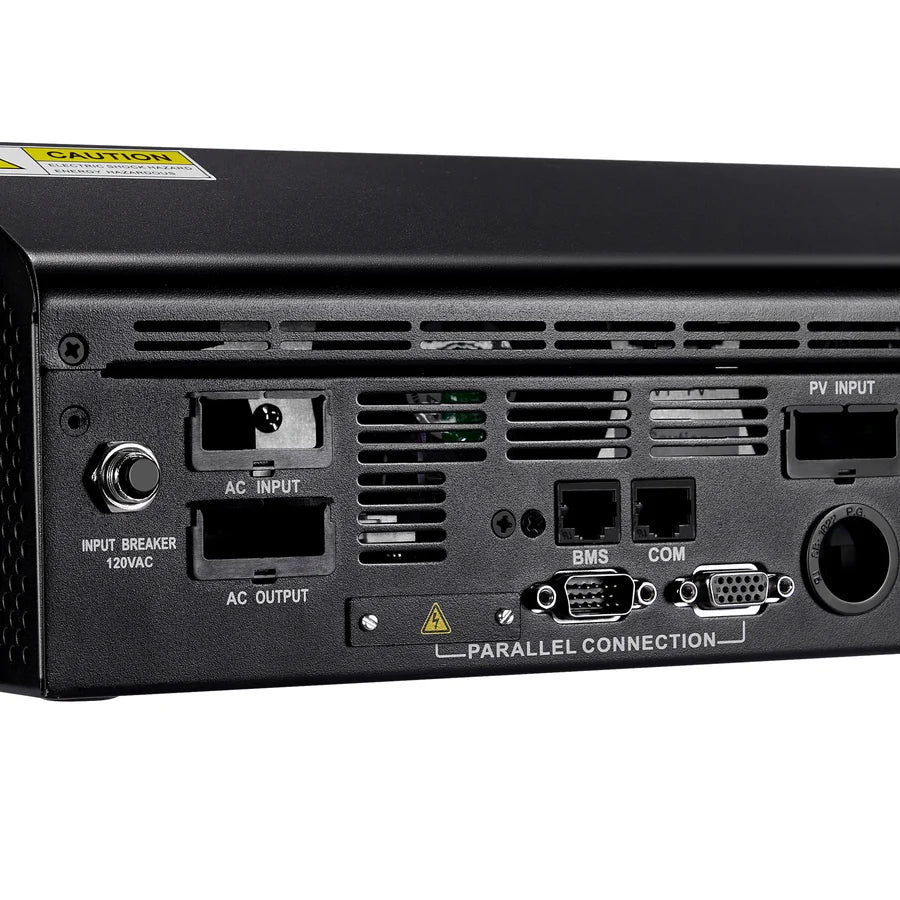 Close-up of the back panel of an electronic device showing AC input/output ports, PV input, communication ports, input breaker, and labels for parallel connection. The neatly arranged labels appear in a clean font family style, ensuring clarity and ease of identification for each port.