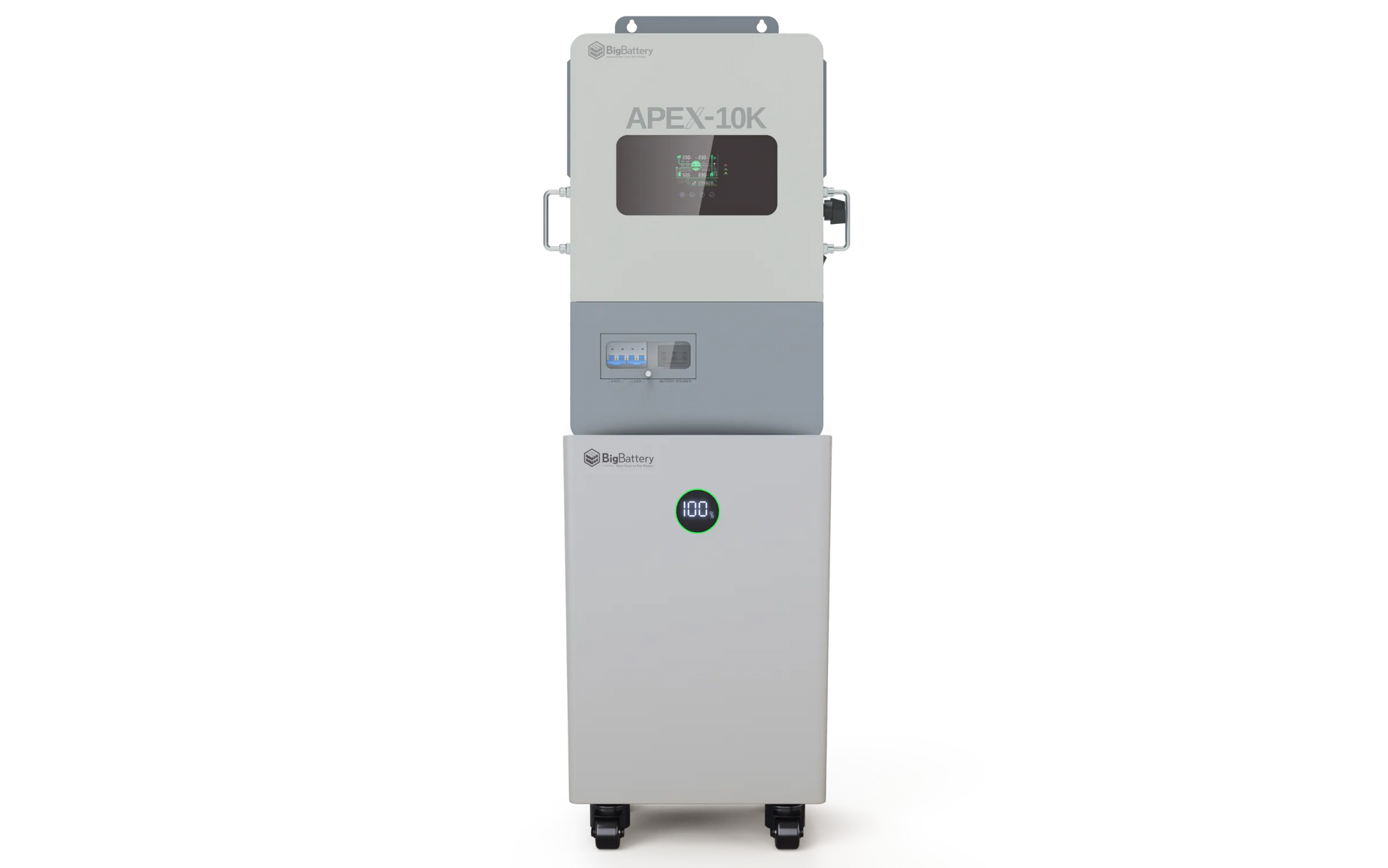 A white, rectangular industrial device branded BigBattery, labeled APEX-10K, featuring a digital display with IBM Plex Sans typography, a control panel, wheels at the base, and a circular indicator showing 100%.