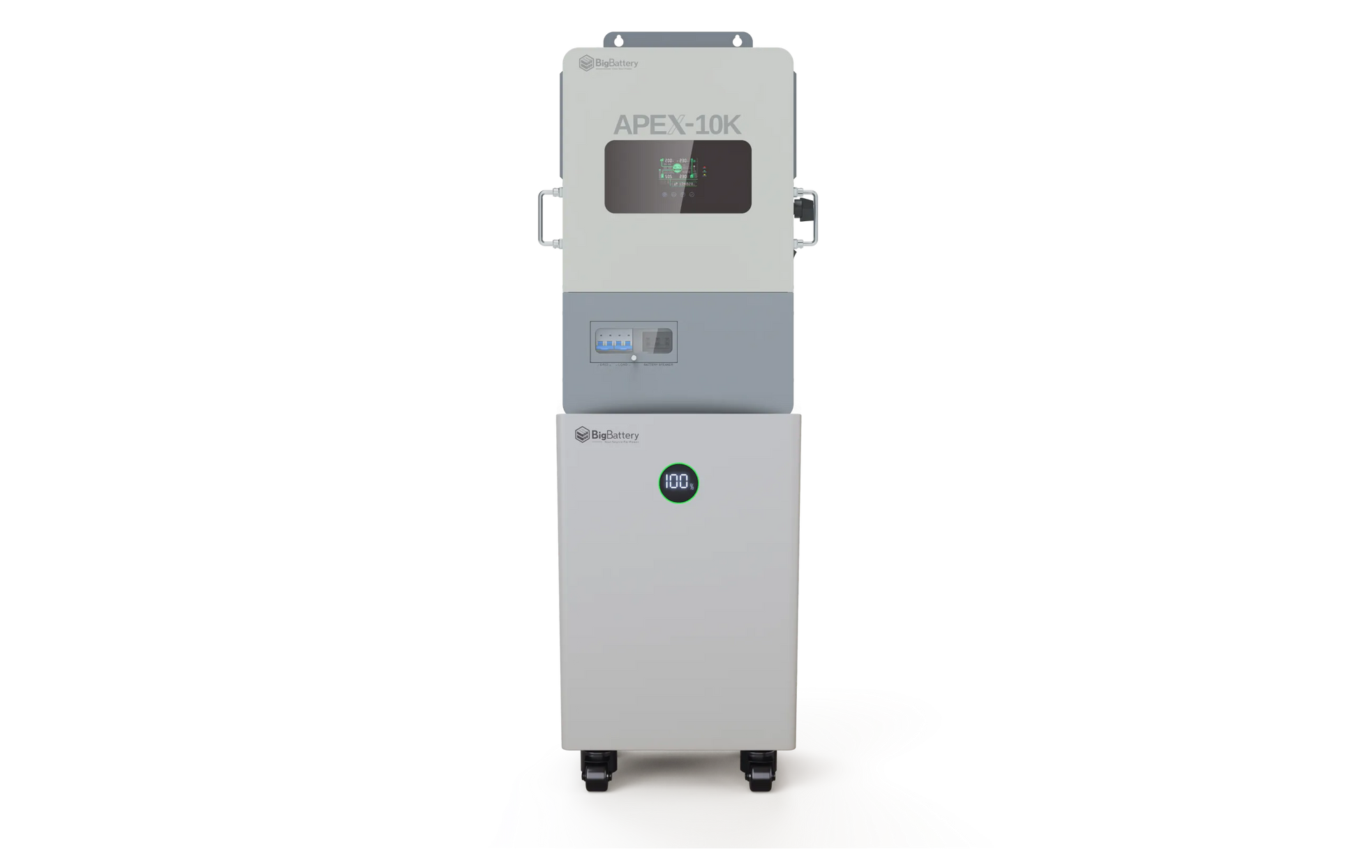A white, rectangular industrial machine from BigBattery, labeled APEX-10K, featuring a digital display and control panel and mounted on four wheels, is set against a plain white background—perfect for highlighting in a modern CSS product card with IBM Plex Sans. The clean lines of the APEX-10K reflect the sophisticated design language found in products such as Nexus 10k.