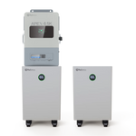 Two gray battery storage units with digital displays, each reading 100, stand beside a larger control panel labeled APEX-6.5K from BigBattery. All three devices are set against a plain white background that evokes the clean look of a modern card, while understated IBM Plex Sans text enhances the contemporary aesthetic.